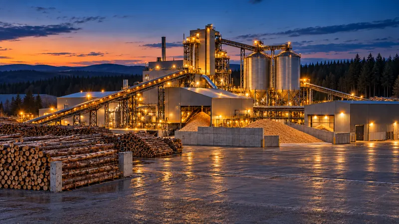 Biomass processing plant at dusk