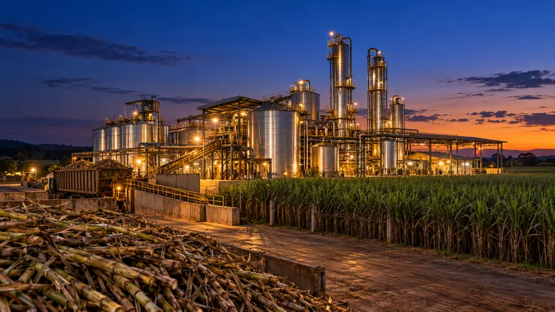 Ethanol distillery beside sugarcane fields at dusk
