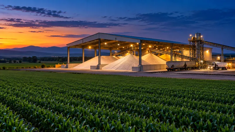 Fertilizer storage and agricultural fields at dusk