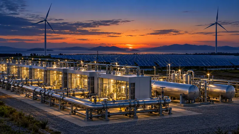 Hydrogen electrolysis facility with solar and wind generation at dusk