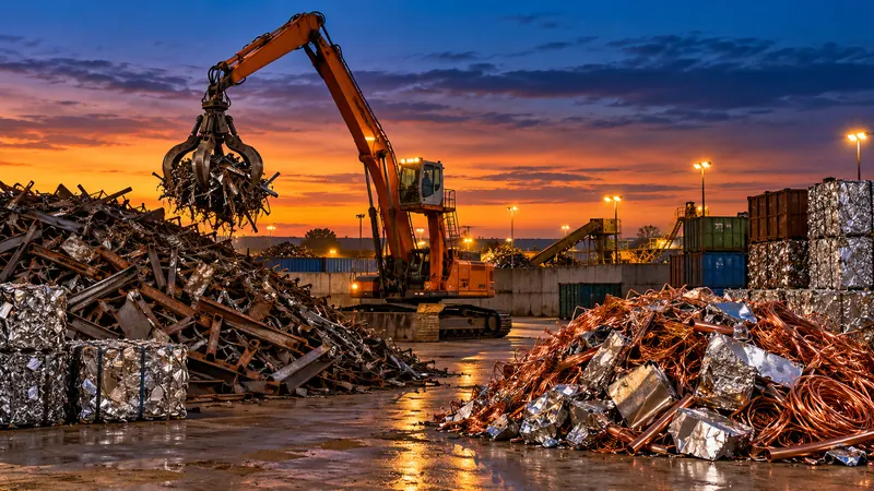Metal scrap recycling yard at sunset